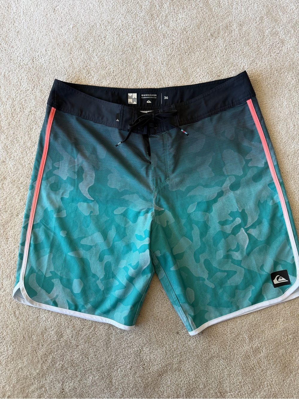 Quiksilver Teal Camo Swim Boardshorts with Black Waistband and Coral Trim